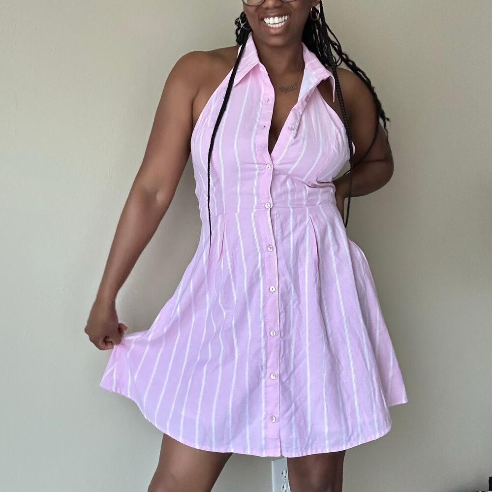 Thread Story Pink Pinstrip Collared Halter Mini Dress Size Medium